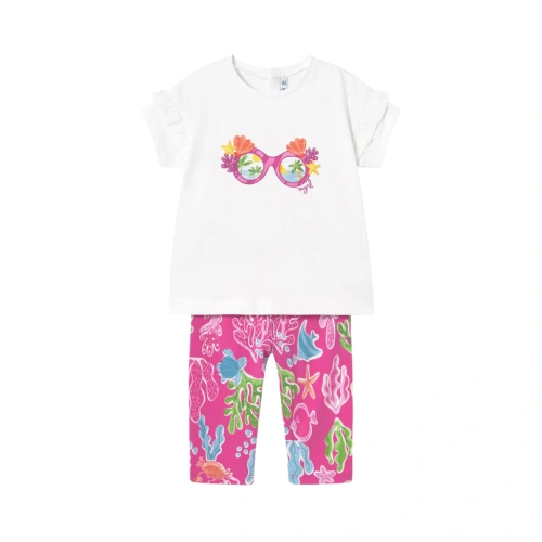 MAYORAL dívčí set legíny potisk + tričko KR Brýle mořský svět bílá, růžová