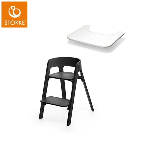 STOKKE Akční set Steps židlička Black/Black + Steps Baby Set Tray pultík bílá