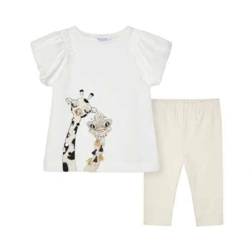 MAYORAL dívčí set 2ks tričko KR s žirafou a 3/4 lesklé legíny, bílá/krémová