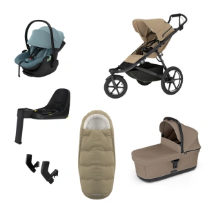 THULE Urban Glide 3 Gentle Beige magnetická spona + korba Tinted Taupe + autosedačka Maple Mid Blue + báze Alfi + fusak Elements M/L Faded Khaki + adaptér MC