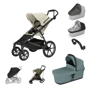 THULE Urban Glide 4-wheel Soft beige + korba Mid blue + pláštěnka Emitex + moskytiéra + madlo + pláštěnka a moskyttiéra na korbu