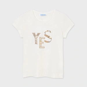 MAYORAL dívčí tričko KR krémové s nápisem s flitry - 128 cm