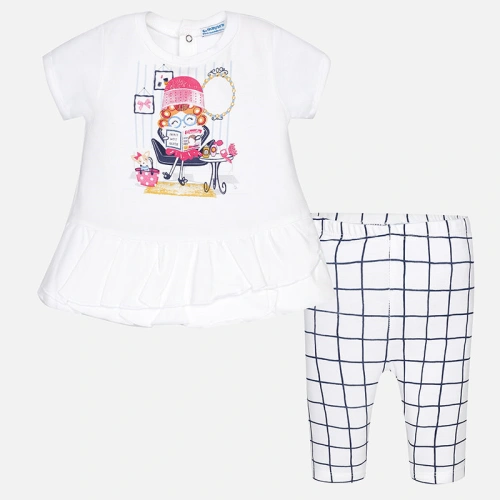 MAYORAL dívčí set tričko s krátkým rukávem a kostkované legíny - bílý - 74 cm