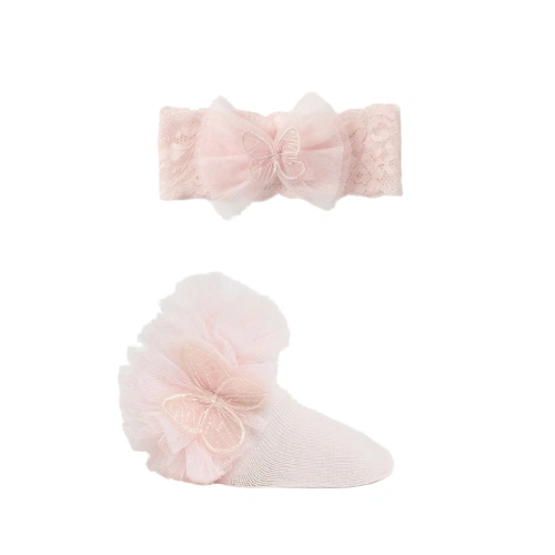 MAYORAL novorozenecká sada ponožek s tylem a čelenky s motýlem růžová