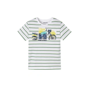 MAYORAL chlapecké tričko KR pruhy motorka, bílá/zelená/žlutá - 128 cm