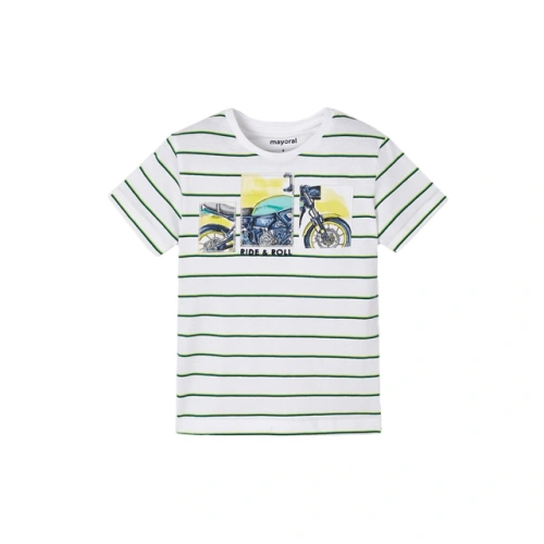 MAYORAL chlapecké tričko KR pruhy motorka, bílá/zelená/žlutá