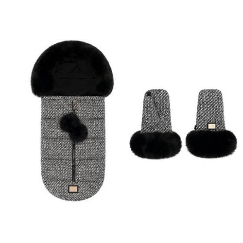 BJÄLLRA OF SWEDEN Akční set mini zimní fusak + rukavice na kočár Black Tweed Premium Collection