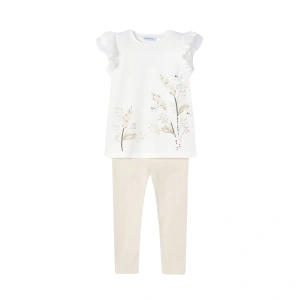 MAYORAL dívčí set tričko a legíny KR Květiny bílá, béžová vel. 122 cm