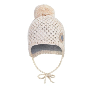 LITTLE ANGEL čepice pletená zavazovací drobný vzor bambule Outlast®  - natur melír vel. 1 | 36-38 cm