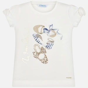 MAYORAL dívčí triko s krátkým rukávem - krémové  s botami - 110 cm