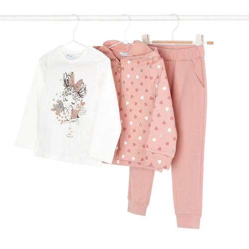 MAYORAL dívčí souprava 3ks mikina, kalhoty, triko DR růžová srdíčka