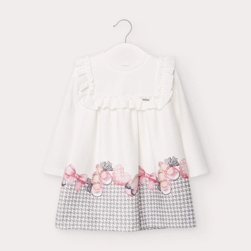 MAYORAL dívčí šaty s DR, zdobené volánky - bílá/ šedá/ růžové botičky a mašle - 98 cm