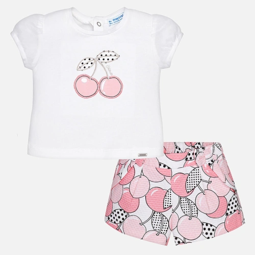 MAYORAL dívčí set tričko a kraťasy s potiskem třešně - bílo růžový