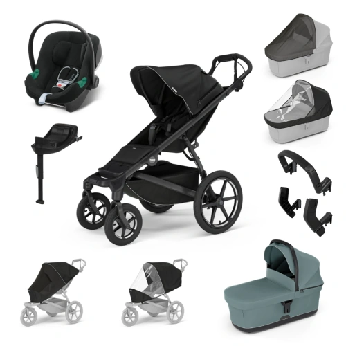 THULE Maxi set Urban Glide 4-wheel Black + korba + autosedačka Aton B2 Volcano Black + báze + doplňky