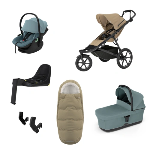 THULE Urban Glide 3 Gentle Beige magnetická spona + korba Mid Blue + autosedačka Maple + báze Alfi + fusak Elements M/L + adaptér MC