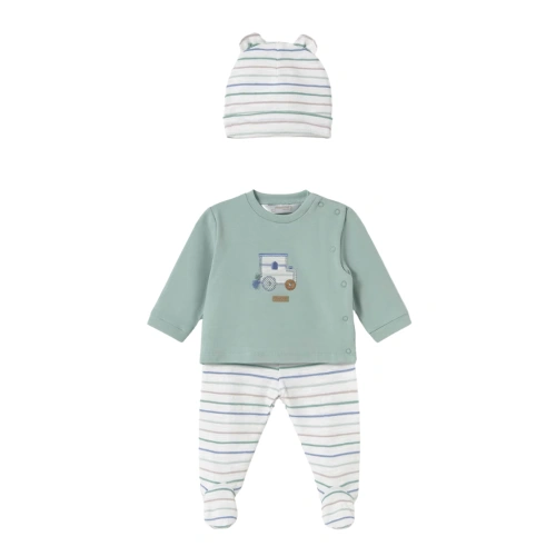 MAYORAL kojenecký set polodupačky, mikina a čepice Vláček mint, bílá