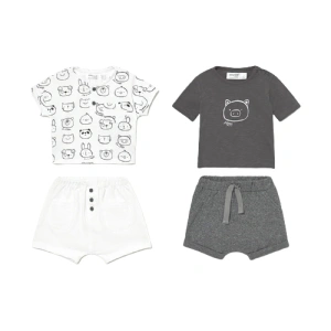 MAYORAL chlapecký set 4ks trička KR a kraťasy se zvířátky, bílá/šedá - 75 cm