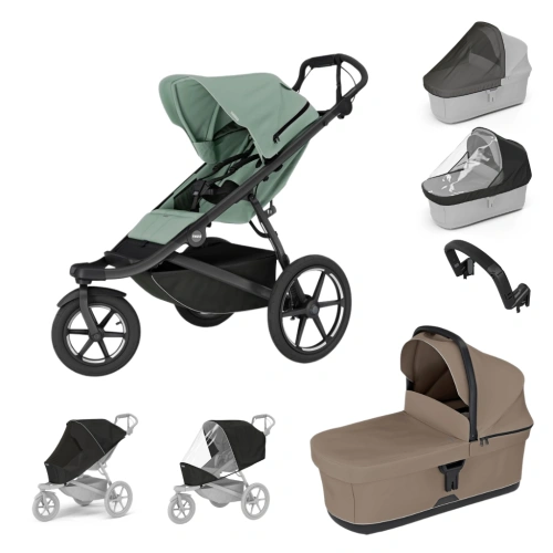 THULE Urban Glide 3 Mist Green + korba + pláštěnka + moskytiéra + madlo + pláštěnka a moskytiéra na korbu