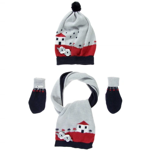 MAYORAL dětský set pletené čepice, rukavic a šály - šedo červená