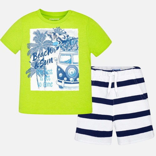 MAYORAL chlapecký set tričko s potiskem a proužkované kraťasy - zeleno bílý - 80 cm
