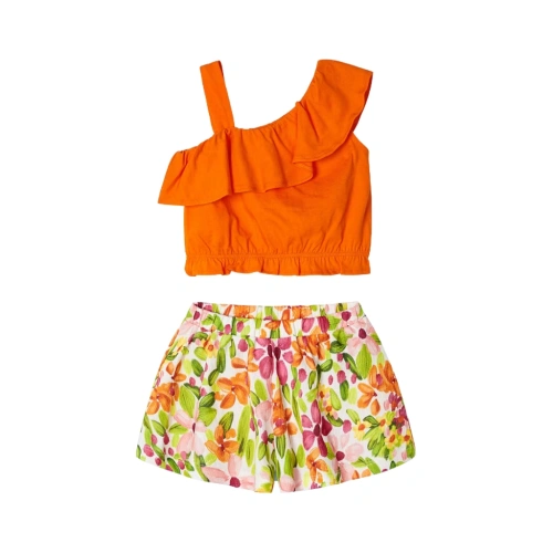 MAYORAL dívčí set triko s volány a kraťasy Květiny oranžová