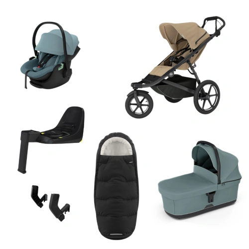 THULE Urban Glide 3 Gentle Beige magnetická spona + korba Mid Blue + autosedačka Maple + báze Alfi + fusak Elements M/L + adaptér MC