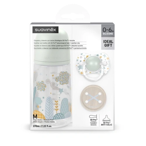 SUAVINEX sada 3ks lahvička 270 ml, dudlík fyziologický 0-6m a klip Dreams zelená