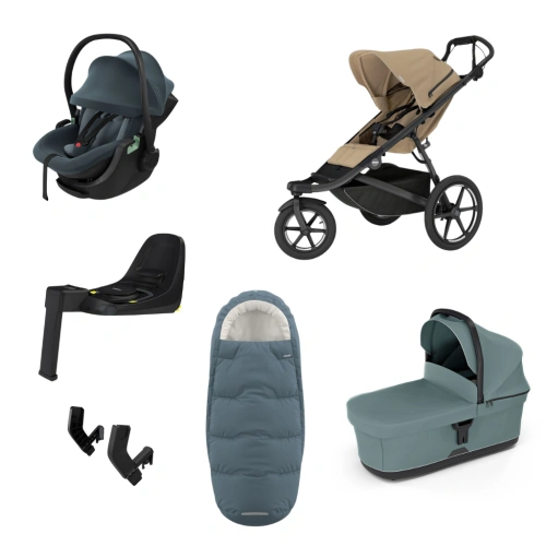 THULE Urban Glide 3 Gentle Beige magnetická spona + korba Mid Blue + autosedačka Maple + báze Alfi + fusak Elements M/L + adaptér MC