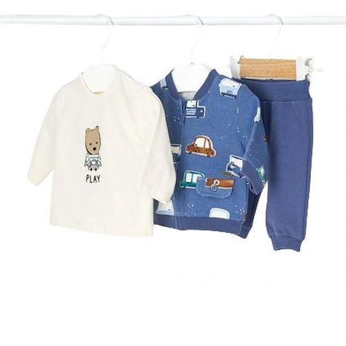 MAYORAL chlapecký set 3 ks, mikina s autíčky, tepláky, tričko, modrá