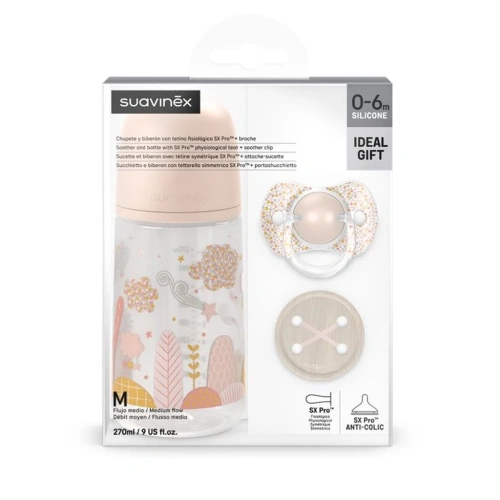SUAVINEX sada 3ks lahvička 270 ml, dudlík fyziologický 0-6m a klip Dreams růžová