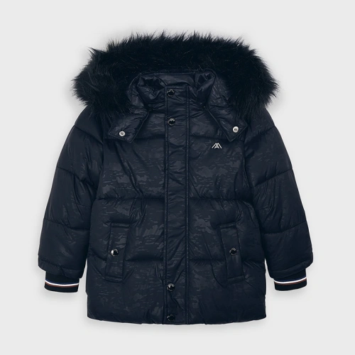 MAYORAL chlapecká zimní bunda černá maskáčová, kapuce s kožíškem - 104 cm