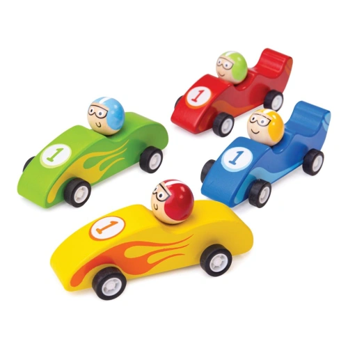 BIGJIGS TOYS barevné dřevěné závodní auto mix barev 1 ks
