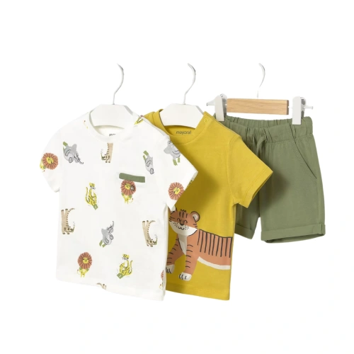 MAYORAL dětský set triko 2 ks KR a kraťasy Safari bílá, zelená, žlutá