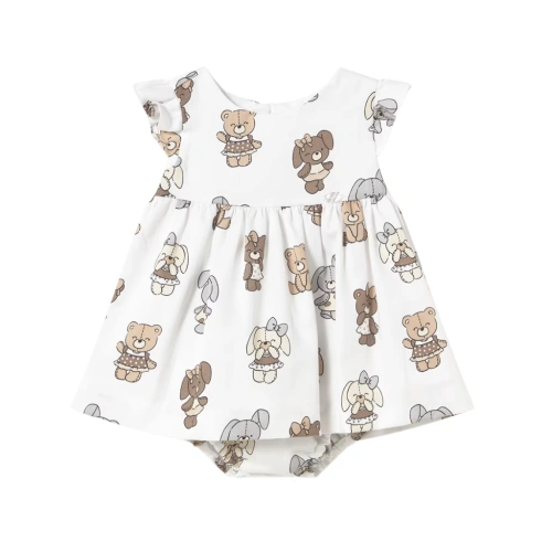 MAYORAL dívčí šaty KR + kalhotky medvídci bílá, hnědá