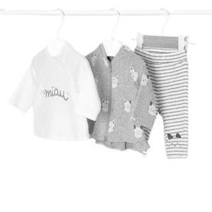 MAYORAL dívčí 3dílný set mikina, tričko DR a kalhoty s kočičkou, bílá/ šedá - 70 cm