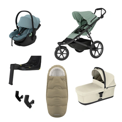 THULE Urban Glide 3 Mist Green magnetická spona + korba Soft Beige + autosedačka Maple + báze Alfi + fusak Elements M/L + adaptér MC
