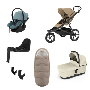 THULE Urban Glide 3 Gentle Beige magnetická spona + korba Soft Beige + autosedačka Maple Mid Blue + báze Alfi + fusak Elements M/L Tinted Taupe + adaptér MC