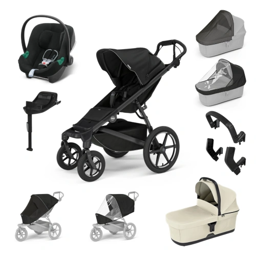 THULE Maxi set Urban Glide 4-wheel Black + korba + autosedačka Aton B2 Volcano Black + báze + doplňky