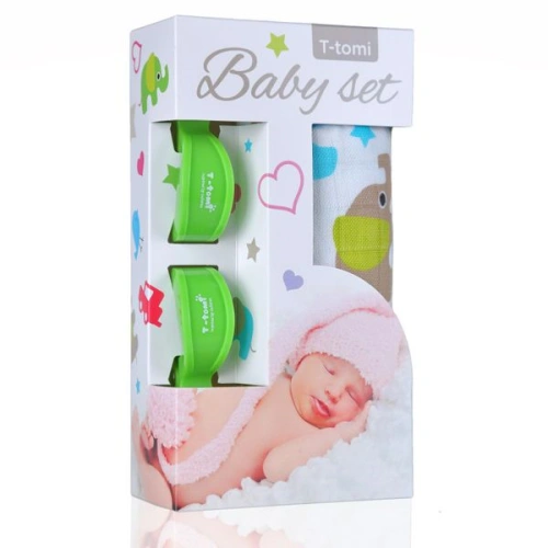 T-TOMI Baby set - bambusová osuška zelení sloni + kočárkový kolíčky zelené