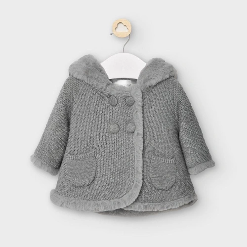 MAYORAL dívčí pletený kabátek s kožíškem - šedá/stříbrná - 60 cm