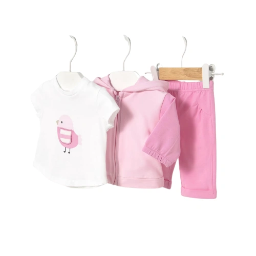 MAYORAL dětský set 3 ks tričko KR, kalhoty a mikina Ptáček bílá, růžová