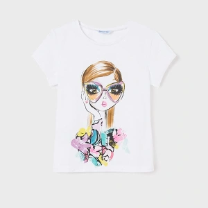 MAYORAL dívčí tričko KR dívka s brýlemi, bílá - 157 cm