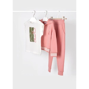 MAYORAL dívčí 3dílný set růžová mikina, tepláky a bílé tričko - 116 cm